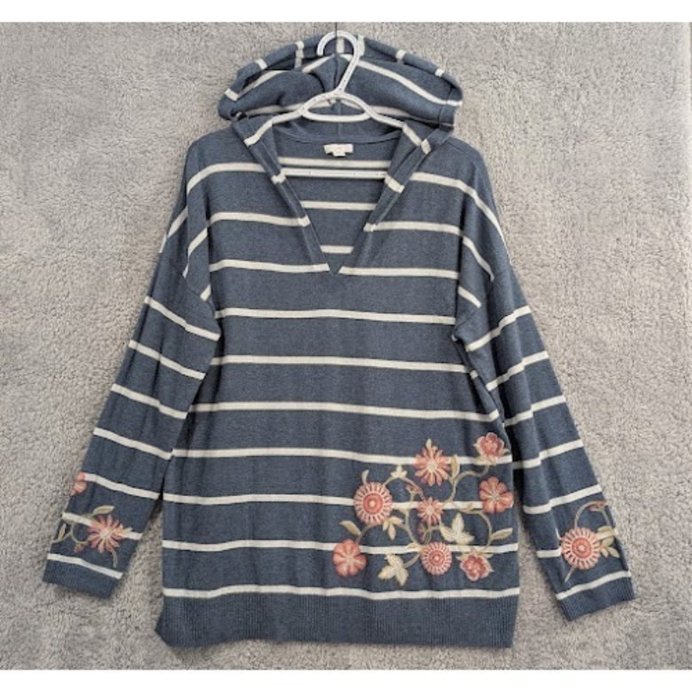 J Jill Hooded Sweater Women's Medium Indigo‎ Blue Striped Floral Embroidered
